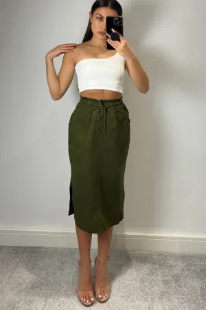 Samaya Khaki Utility Cargo Drawstring Midi Skirt