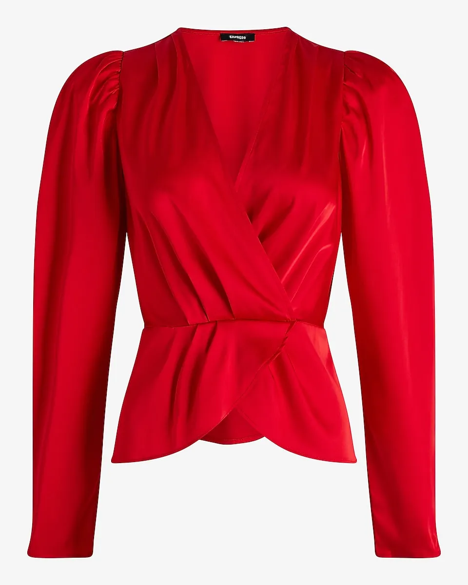 Satin Puff Shoulder Draped Faux Wrap Peplum Top in Lipstick Red