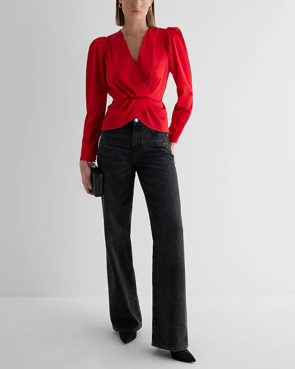 Satin Puff Shoulder Draped Faux Wrap Peplum Top in Lipstick Red
