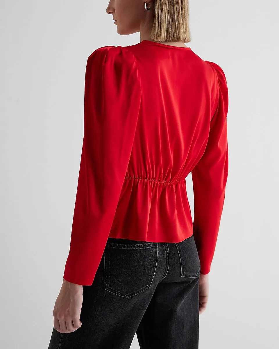 Satin Puff Shoulder Draped Faux Wrap Peplum Top in Lipstick Red