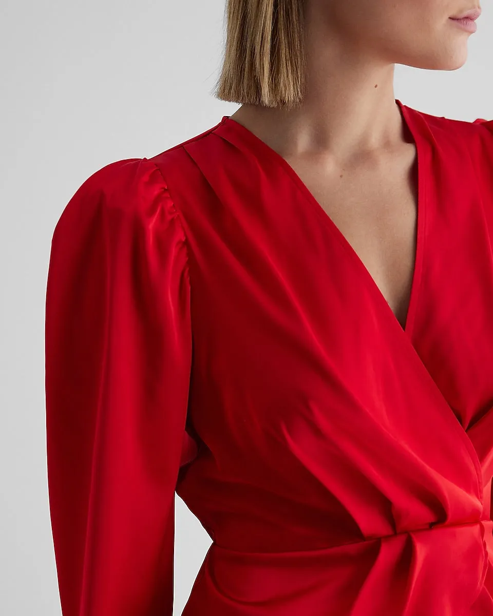 Satin Puff Shoulder Draped Faux Wrap Peplum Top in Lipstick Red