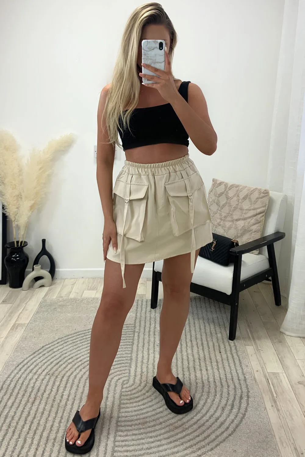 Sharna Beige Cargo Pocket Detail Mini Skirt