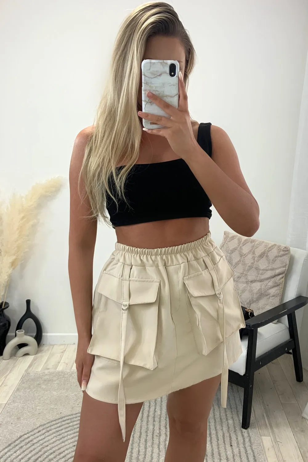 Sharna Beige Cargo Pocket Detail Mini Skirt