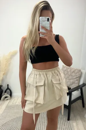 Sharna Beige Cargo Pocket Detail Mini Skirt