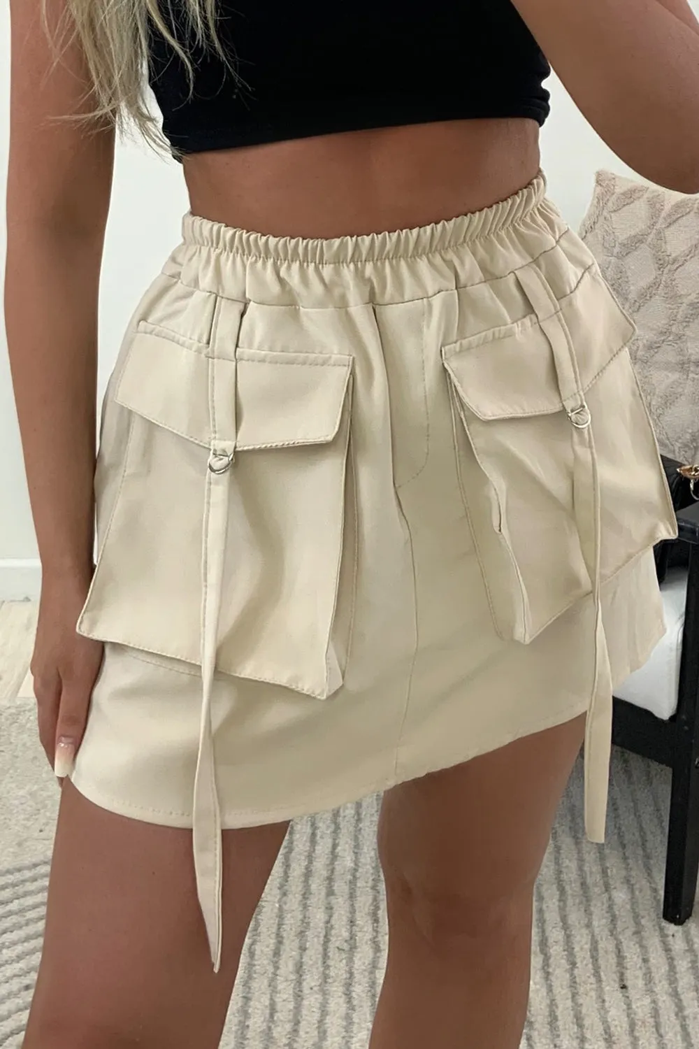 Sharna Beige Cargo Pocket Detail Mini Skirt