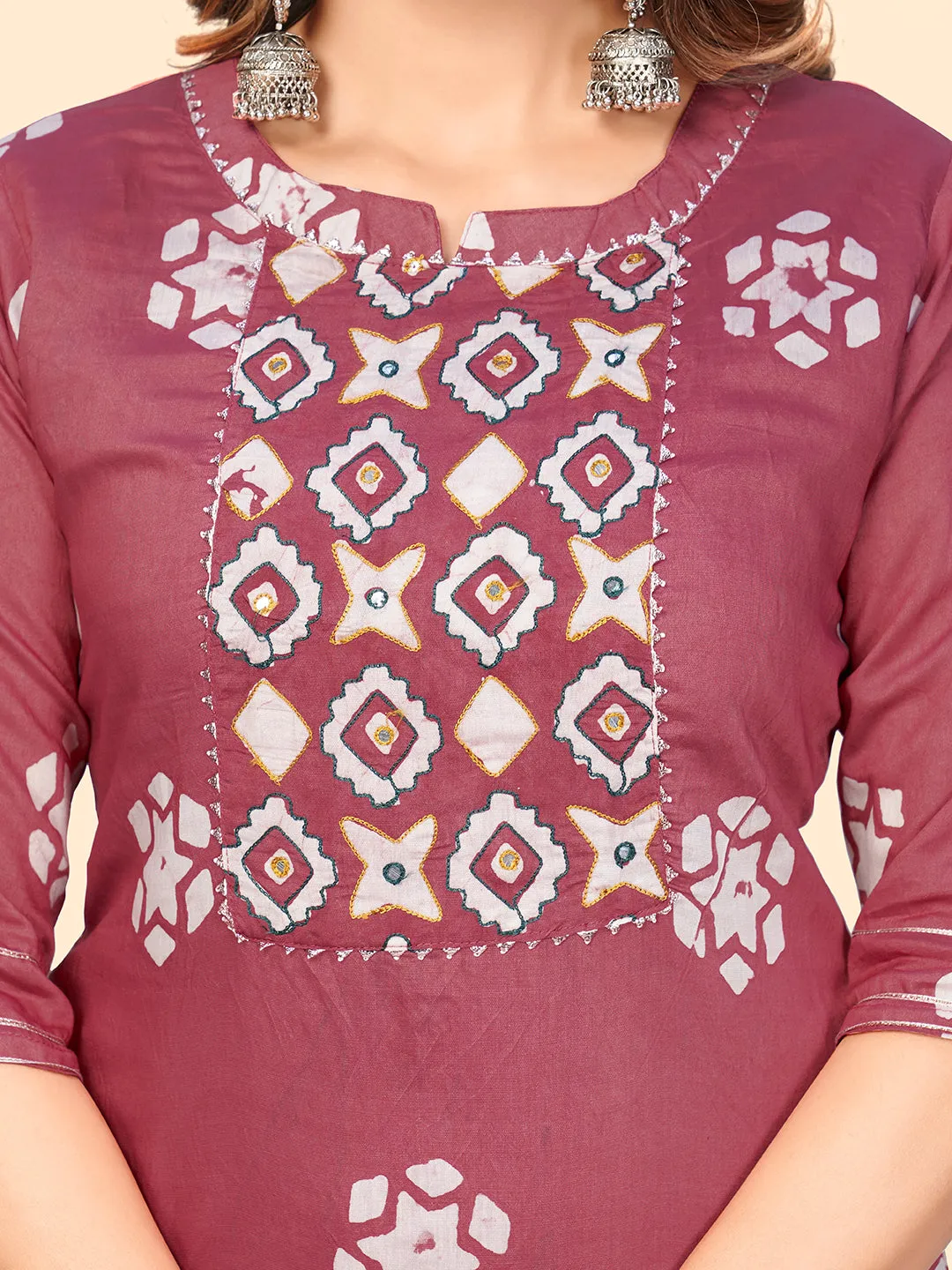 Women'S Batik Print & Mirror Straight Chanderi Magenta Stitched Kurta With Dupatta
