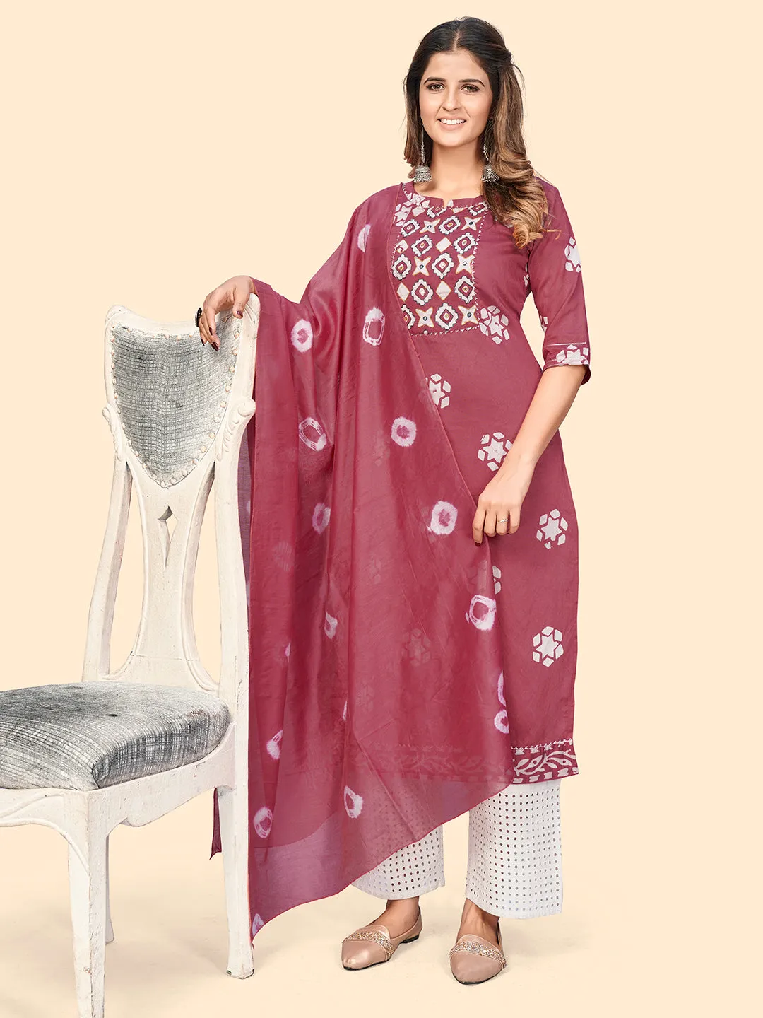 Women'S Batik Print & Mirror Straight Chanderi Magenta Stitched Kurta With Dupatta