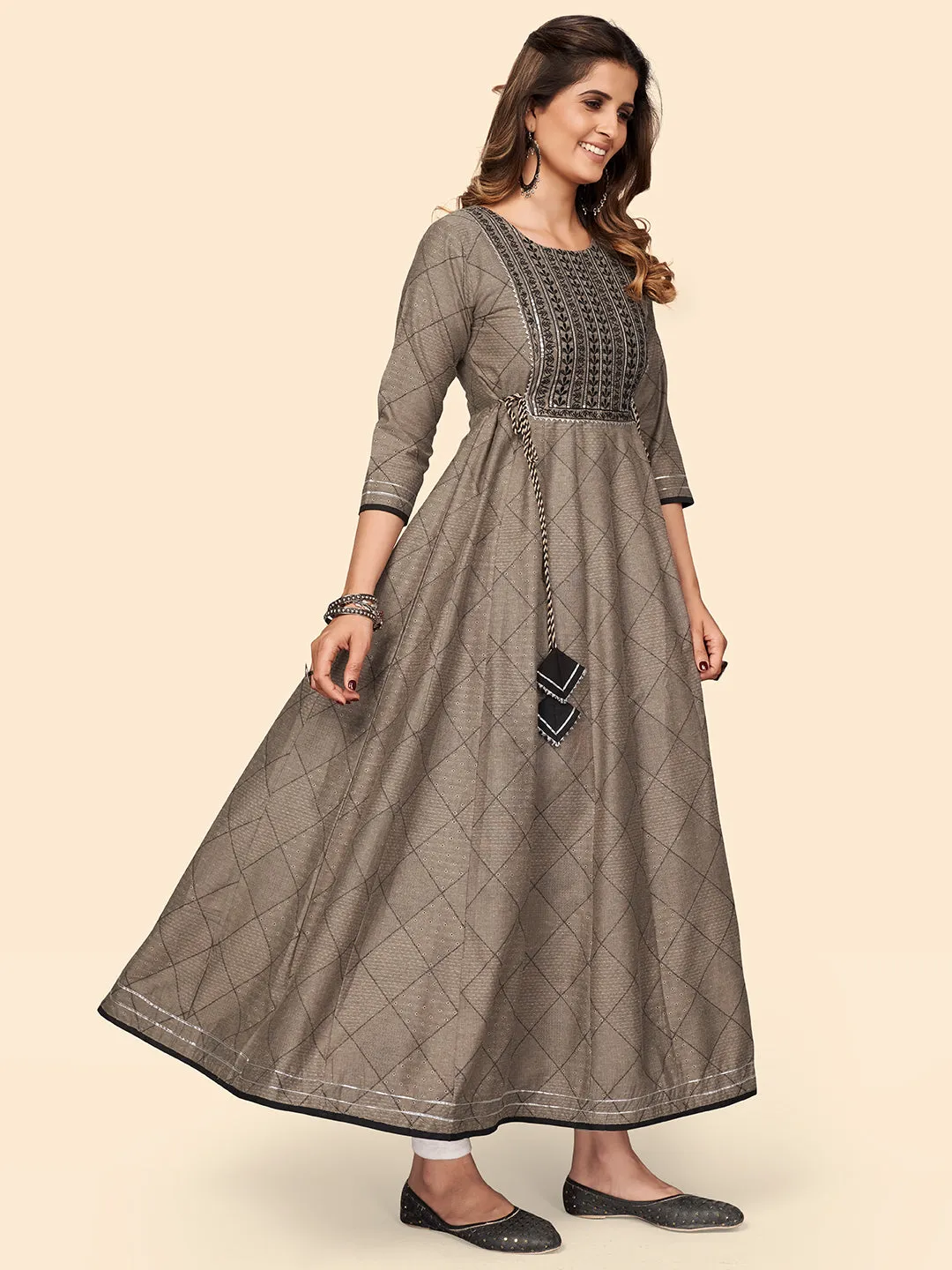 Women'S Embroidered Anarkali Cotton Bland Brown Stitched Kurta