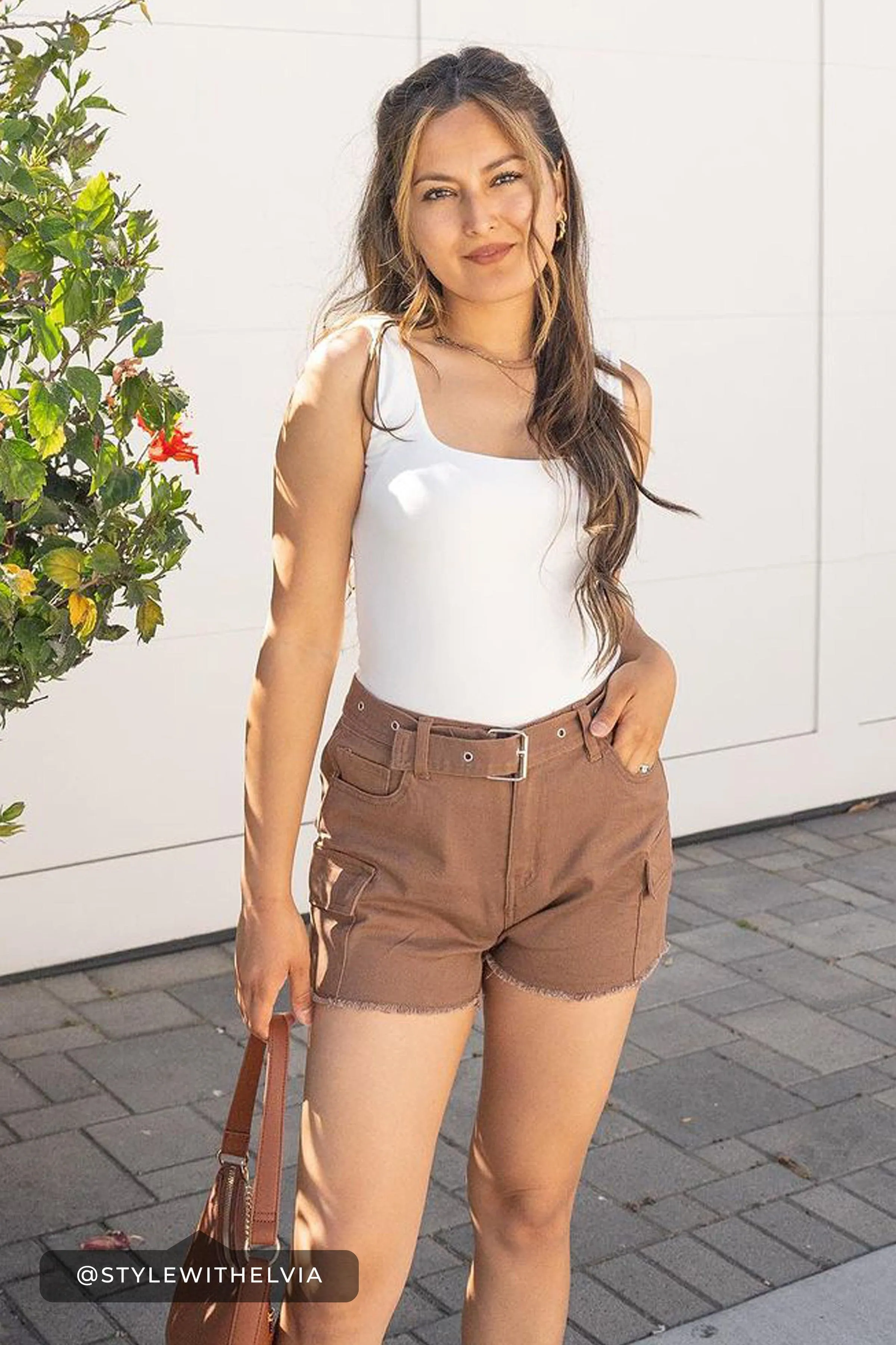 Womens High Rise Belted Cargo Shorts