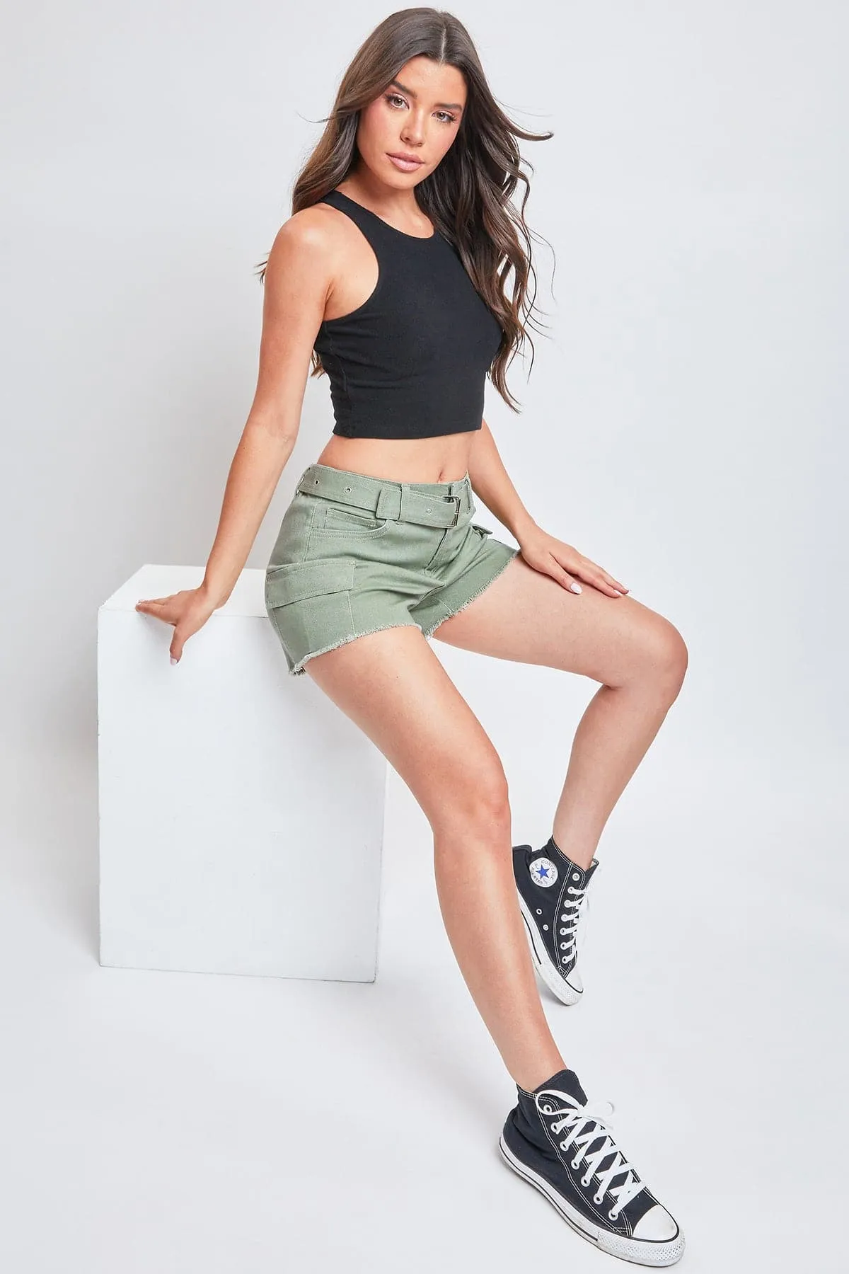 Womens High Rise Belted Cargo Shorts