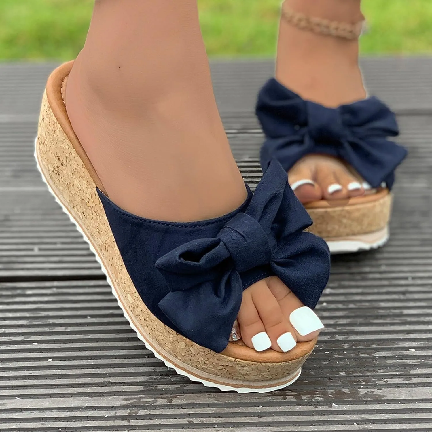 Womens Outdoor Beach Non-Slip Thick Wedge Slippers Wide Width Slip On Peep Toe Bow Non-Slip Summer Slingback Slipper Vacation Travel Going Out Flip Flops 2025 Platform Heel Shoes Sandals