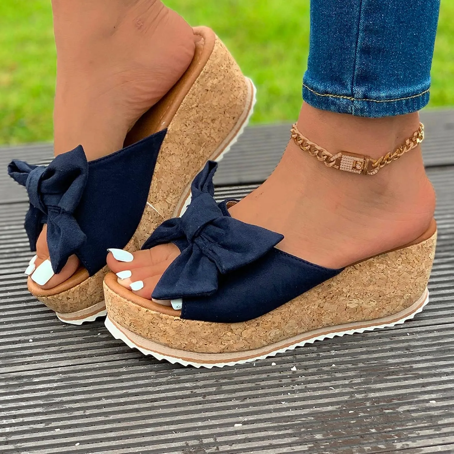 Womens Outdoor Beach Non-Slip Thick Wedge Slippers Wide Width Slip On Peep Toe Bow Non-Slip Summer Slingback Slipper Vacation Travel Going Out Flip Flops 2025 Platform Heel Shoes Sandals
