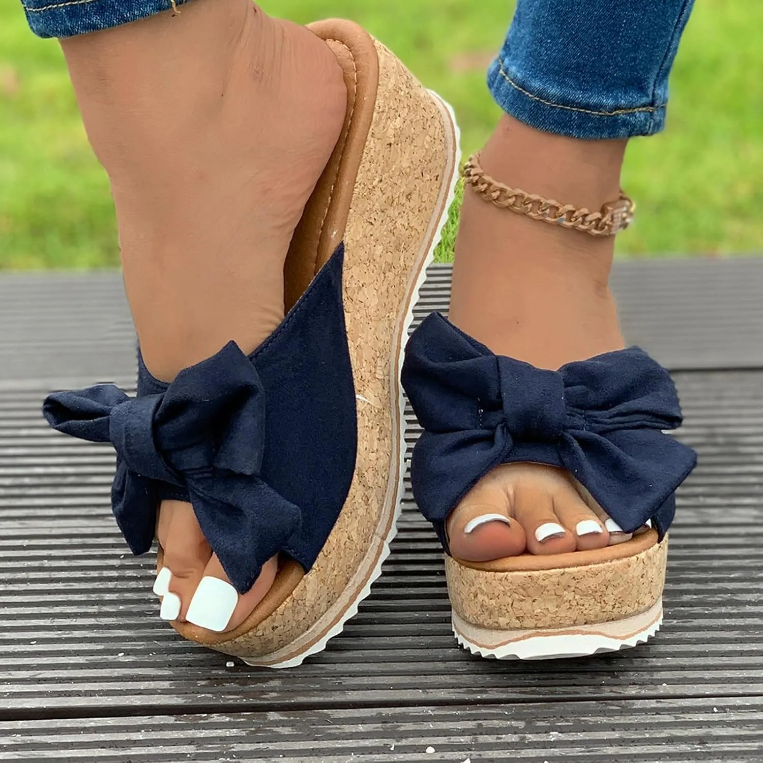 Womens Outdoor Beach Non-Slip Thick Wedge Slippers Wide Width Slip On Peep Toe Bow Non-Slip Summer Slingback Slipper Vacation Travel Going Out Flip Flops 2025 Platform Heel Shoes Sandals