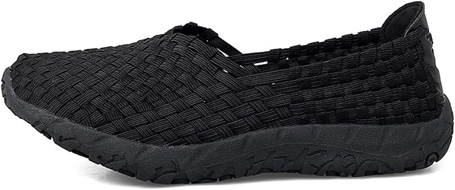 Women's Sidewalk Slip on Flat Elastic Woven Walking Shoes Lightweight Breathable Mesh Walking Sneakers Running Shoes
