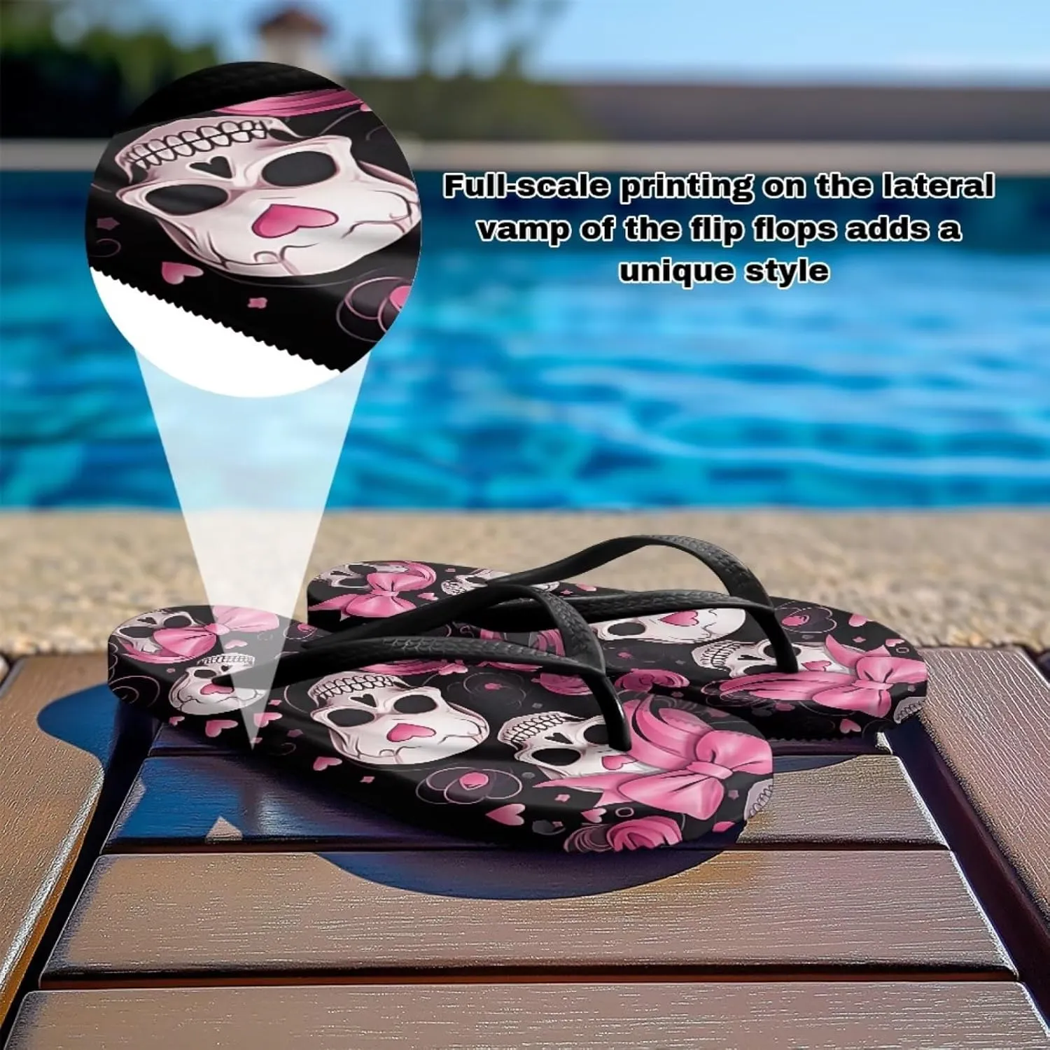 Womens Skull Flip Flops Flat Sandals Comfortable Thong Slippers Non-Slip Bathroom Shower Shoes