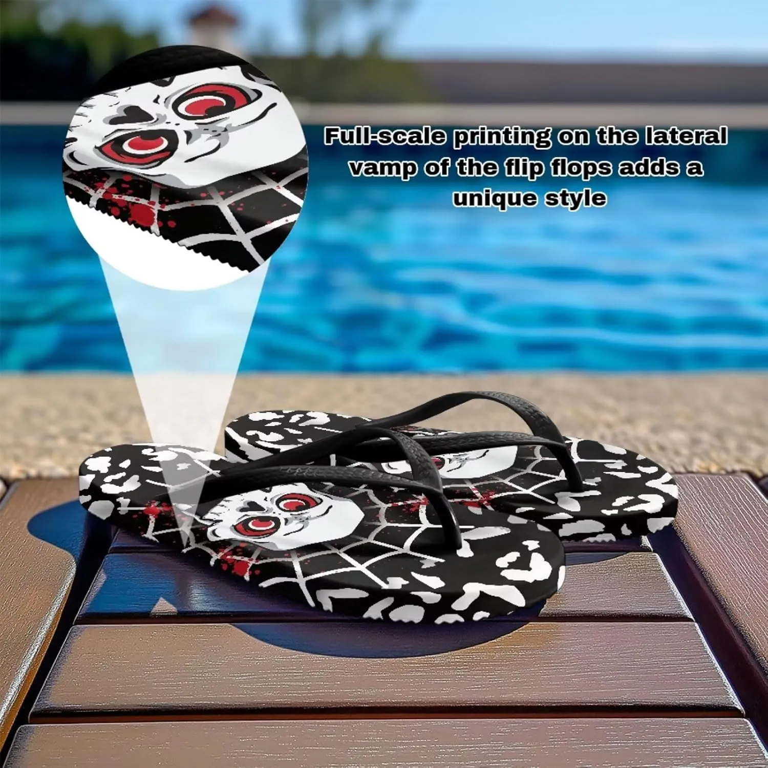Womens Skull Flip Flops Flat Sandals Comfortable Thong Slippers Non-Slip Bathroom Shower Shoes