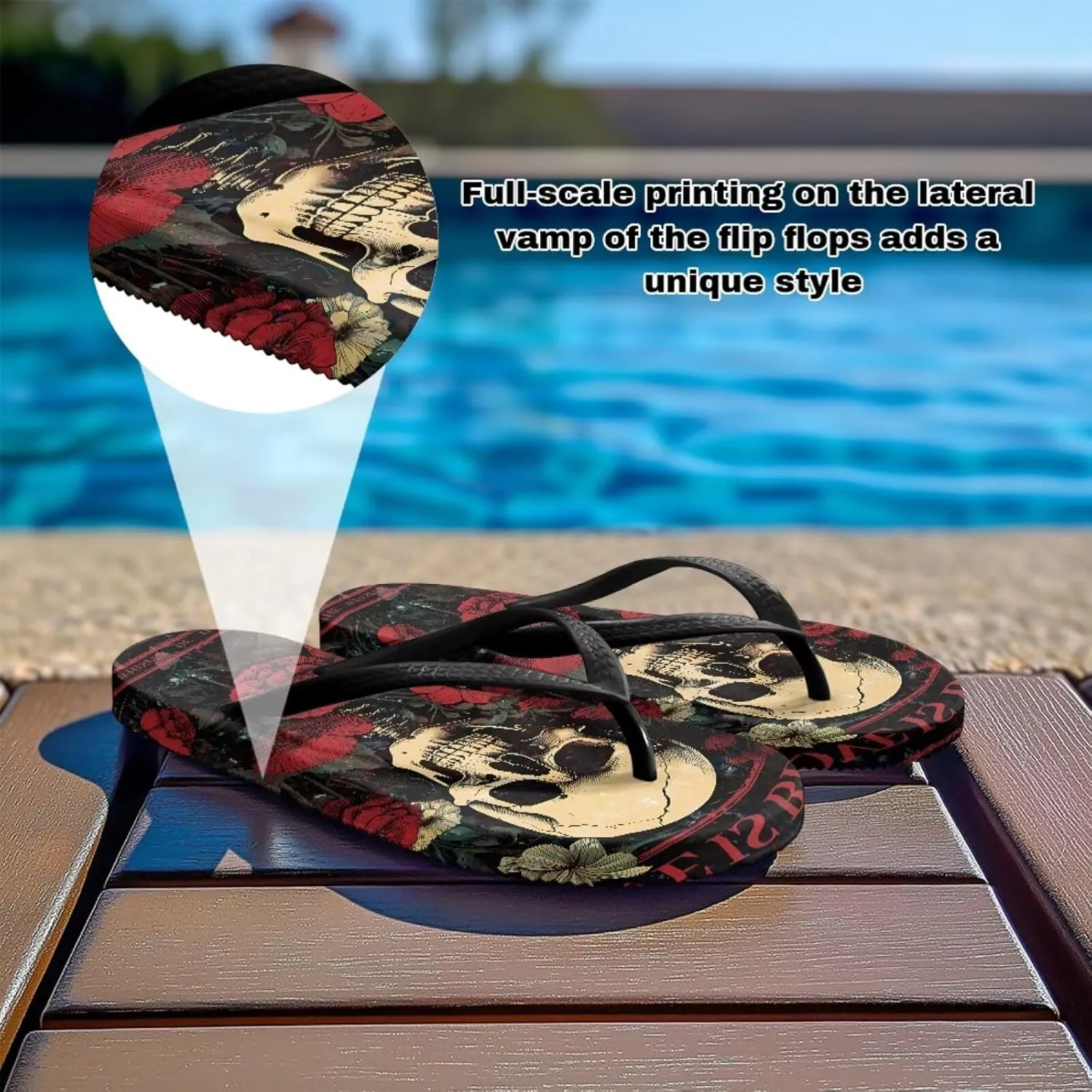 Womens Skull Flip Flops Flat Sandals Comfortable Thong Slippers Non-Slip Bathroom Shower Shoes
