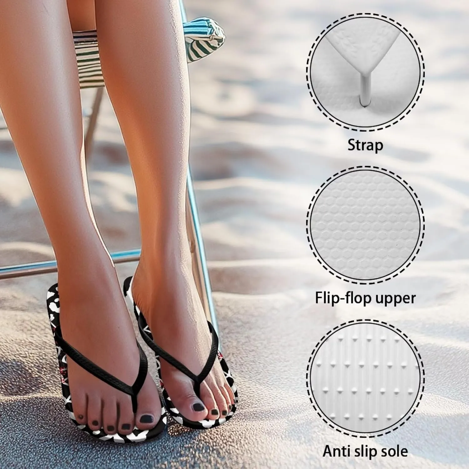 Womens Skull Flip Flops Flat Sandals Comfortable Thong Slippers Non-Slip Bathroom Shower Shoes