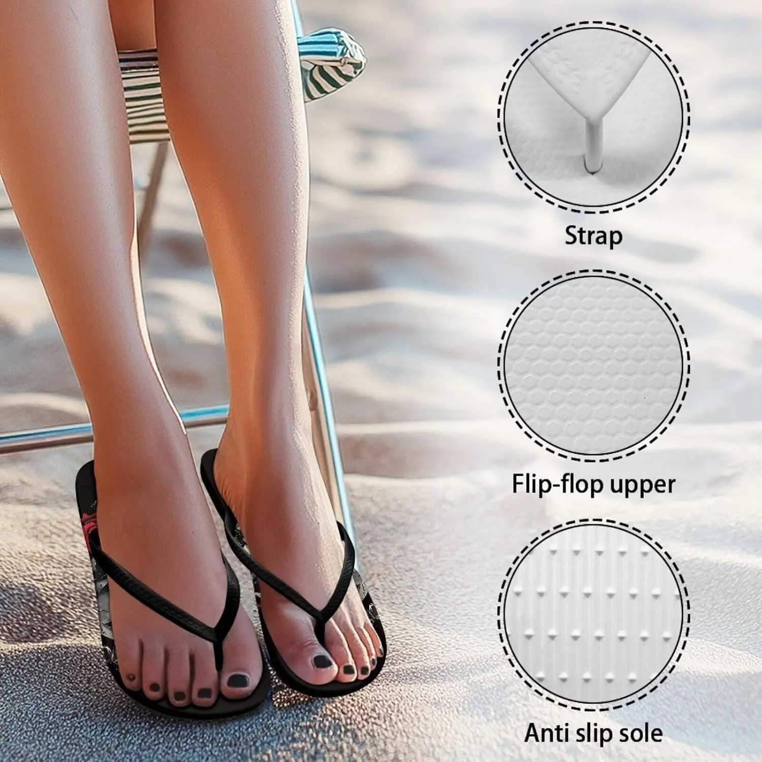 Womens Skull Flip Flops Flat Sandals Comfortable Thong Slippers Non-Slip Bathroom Shower Shoes