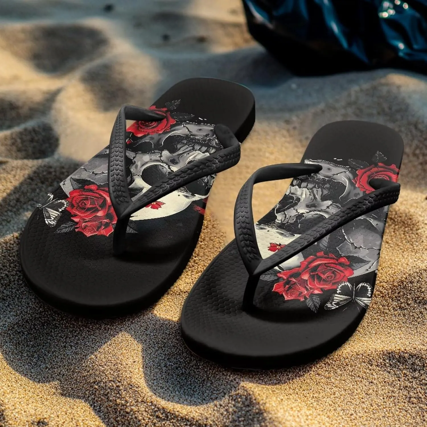 Womens Skull Flip Flops Flat Sandals Comfortable Thong Slippers Non-Slip Bathroom Shower Shoes