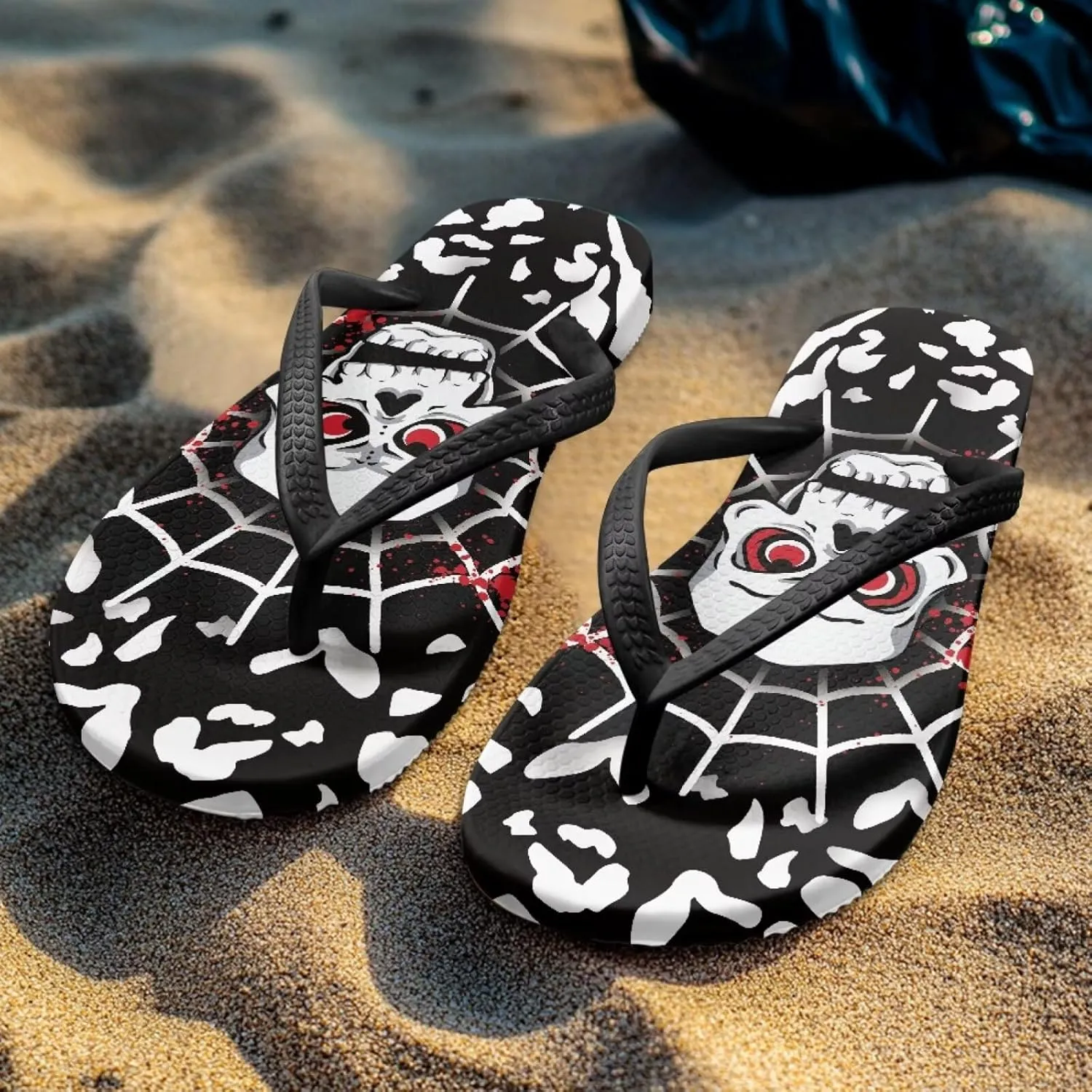 Womens Skull Flip Flops Flat Sandals Comfortable Thong Slippers Non-Slip Bathroom Shower Shoes