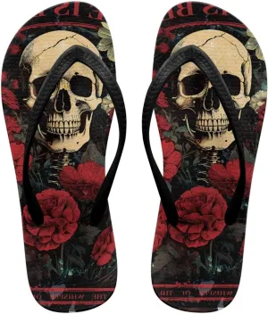 Womens Skull Flip Flops Flat Sandals Comfortable Thong Slippers Non-Slip Bathroom Shower Shoes