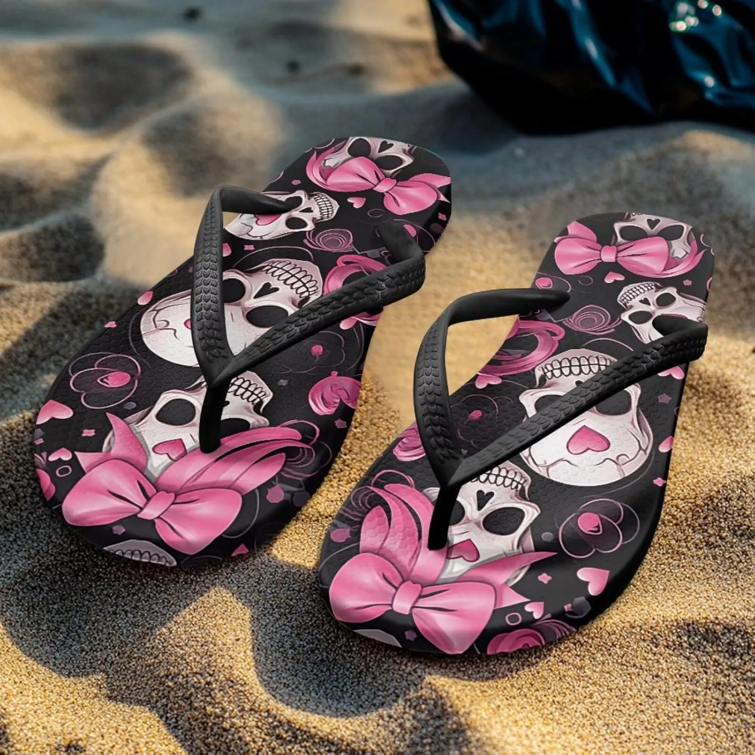 Womens Skull Flip Flops Flat Sandals Comfortable Thong Slippers Non-Slip Bathroom Shower Shoes