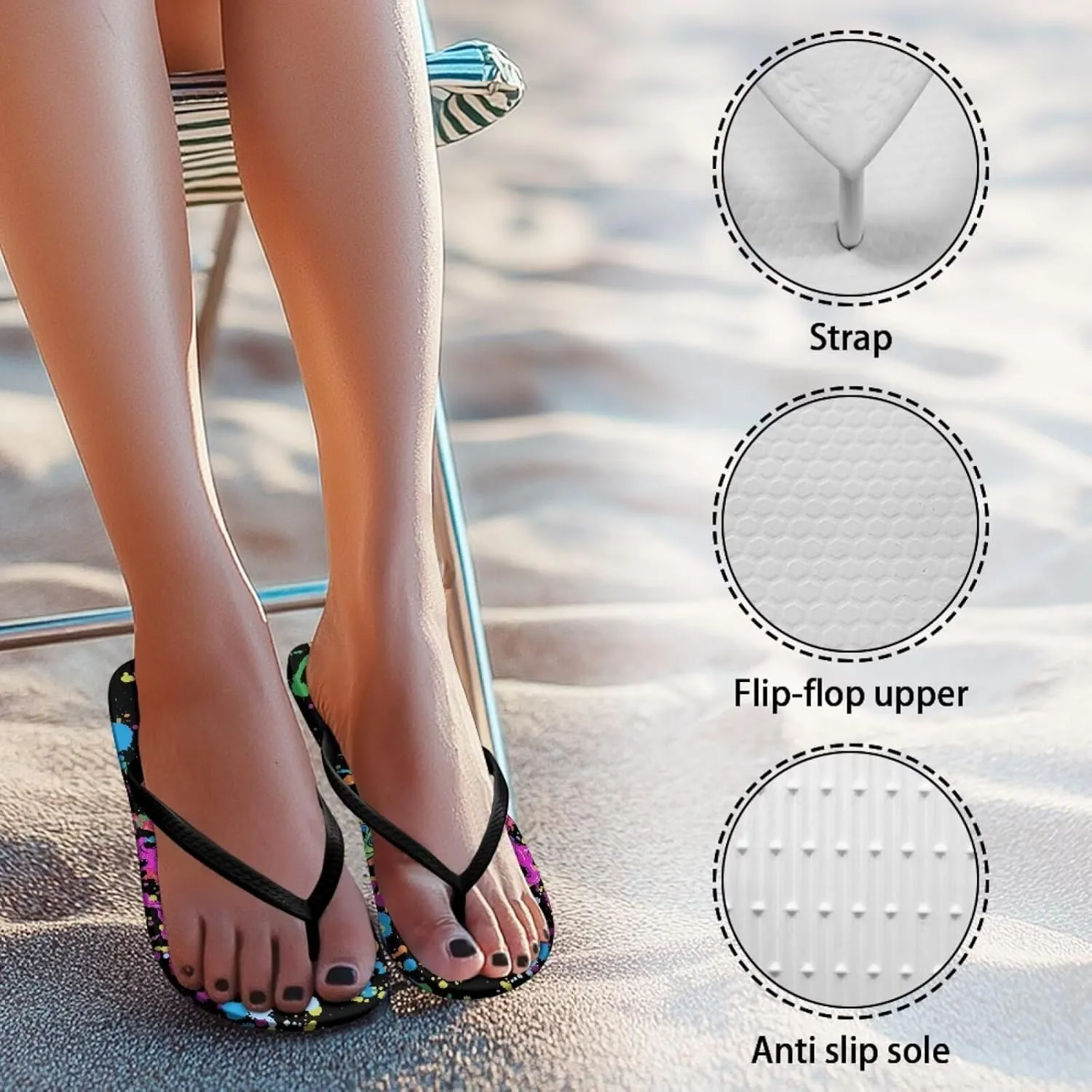 Womens Skull Flip Flops Flat Sandals Comfortable Thong Slippers Non-Slip Bathroom Shower Shoes