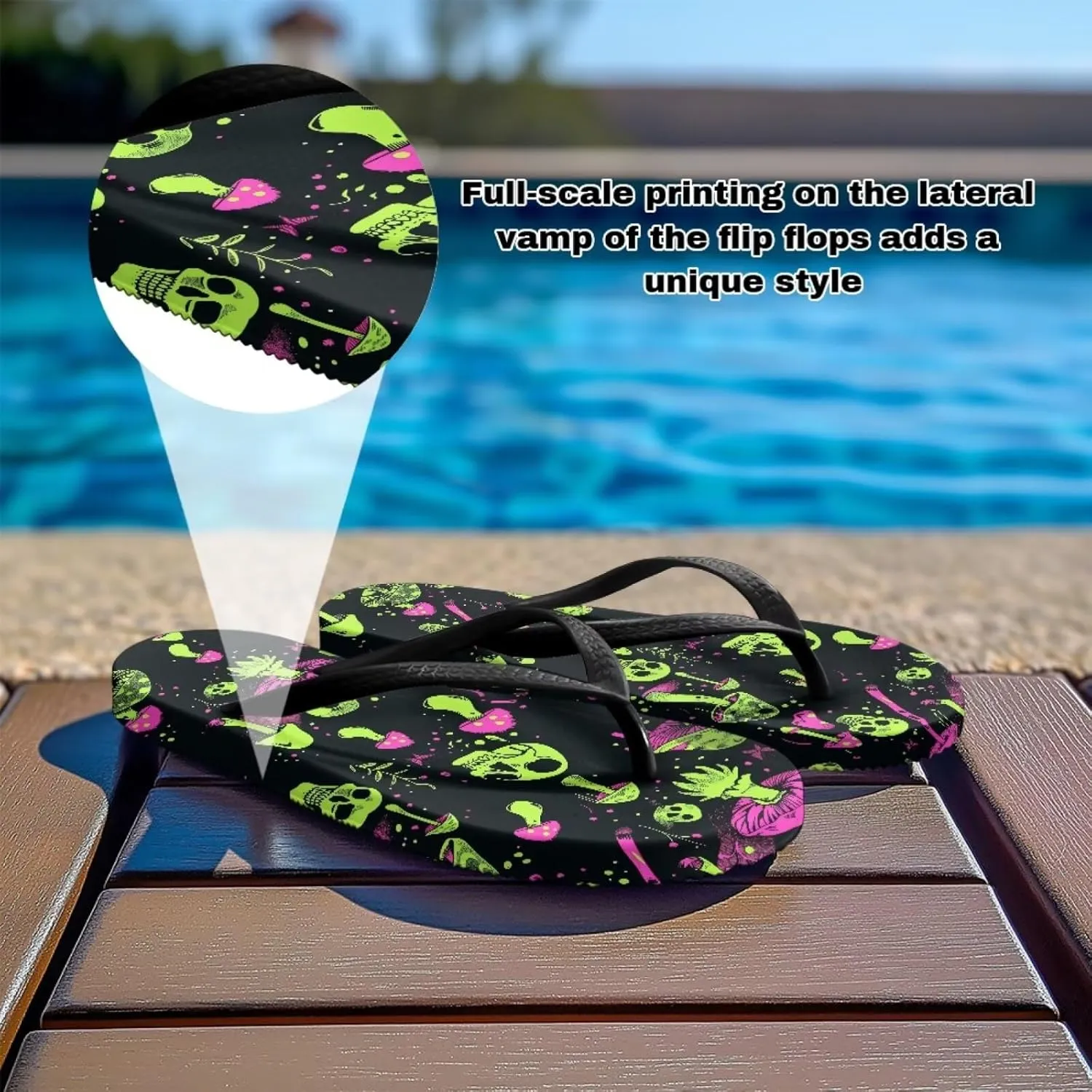 Womens Skull Flip Flops Flat Sandals Comfortable Thong Slippers Non-Slip Bathroom Shower Shoes