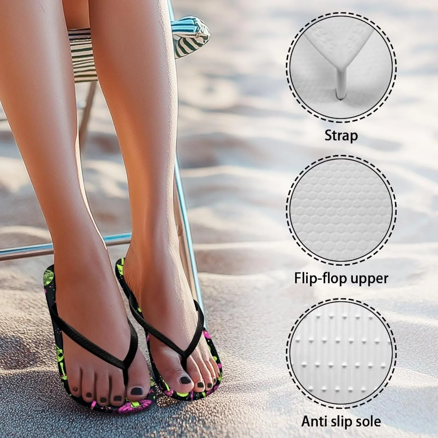 Womens Skull Flip Flops Flat Sandals Comfortable Thong Slippers Non-Slip Bathroom Shower Shoes