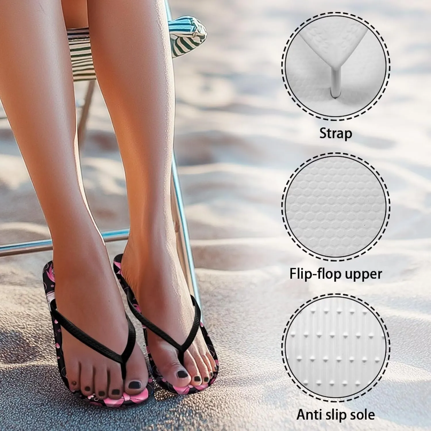 Womens Skull Flip Flops Flat Sandals Comfortable Thong Slippers Non-Slip Bathroom Shower Shoes