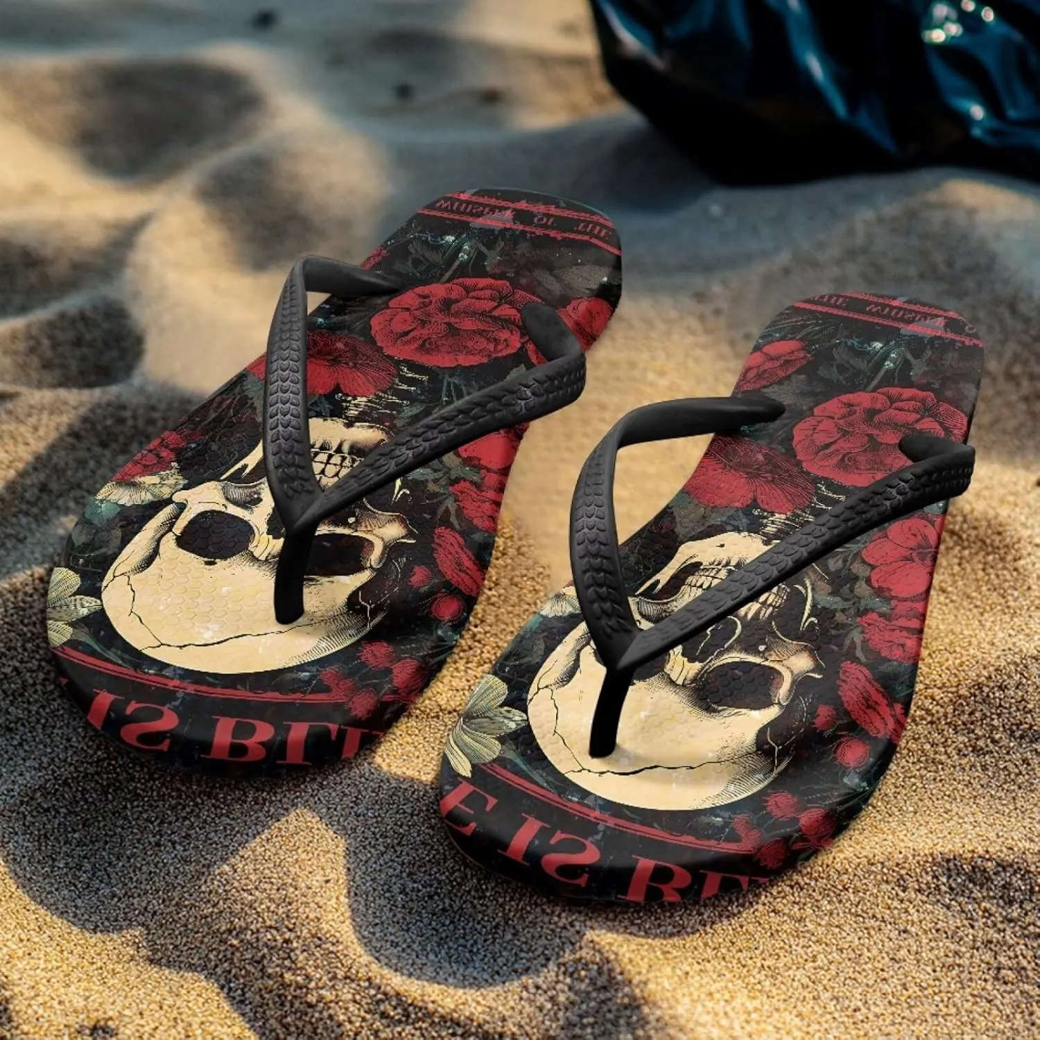 Womens Skull Flip Flops Flat Sandals Comfortable Thong Slippers Non-Slip Bathroom Shower Shoes