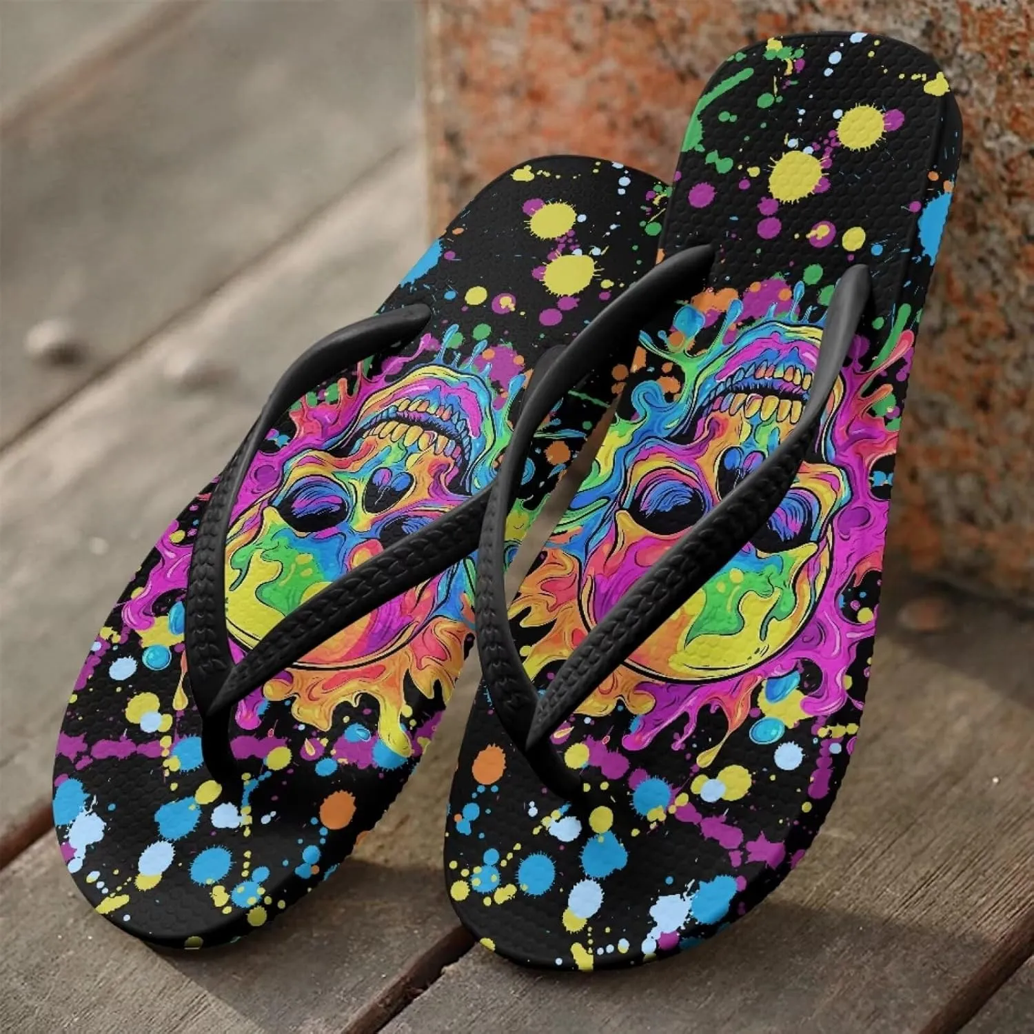 Womens Skull Flip Flops Flat Sandals Comfortable Thong Slippers Non-Slip Bathroom Shower Shoes