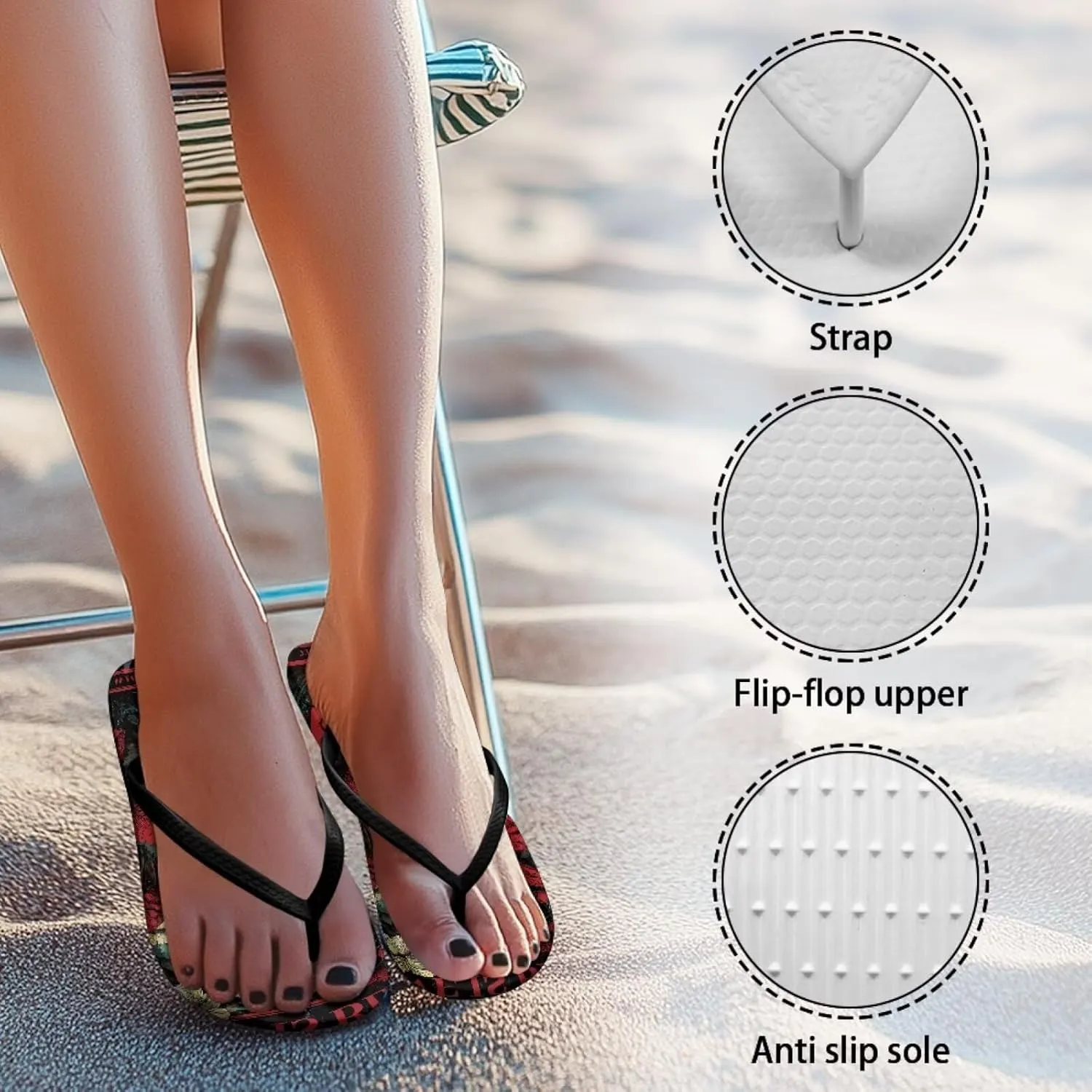Womens Skull Flip Flops Flat Sandals Comfortable Thong Slippers Non-Slip Bathroom Shower Shoes