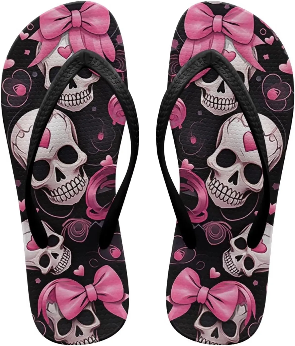 Womens Skull Flip Flops Flat Sandals Comfortable Thong Slippers Non-Slip Bathroom Shower Shoes