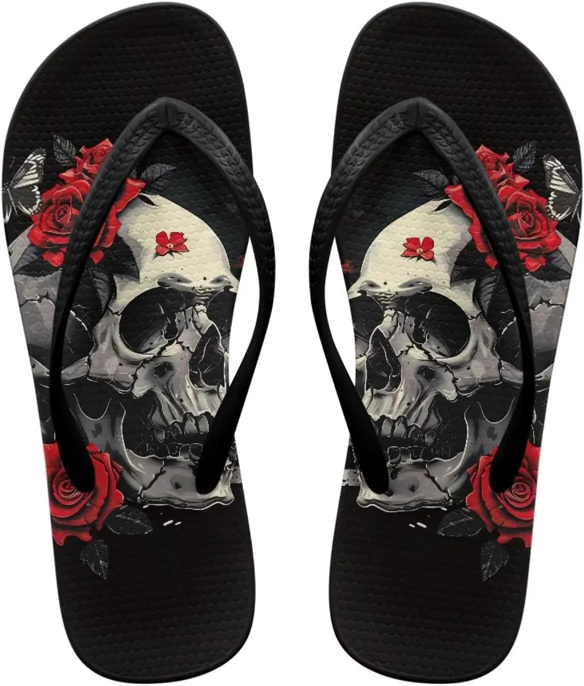 Womens Skull Flip Flops Flat Sandals Comfortable Thong Slippers Non-Slip Bathroom Shower Shoes