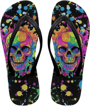Womens Skull Flip Flops Flat Sandals Comfortable Thong Slippers Non-Slip Bathroom Shower Shoes
