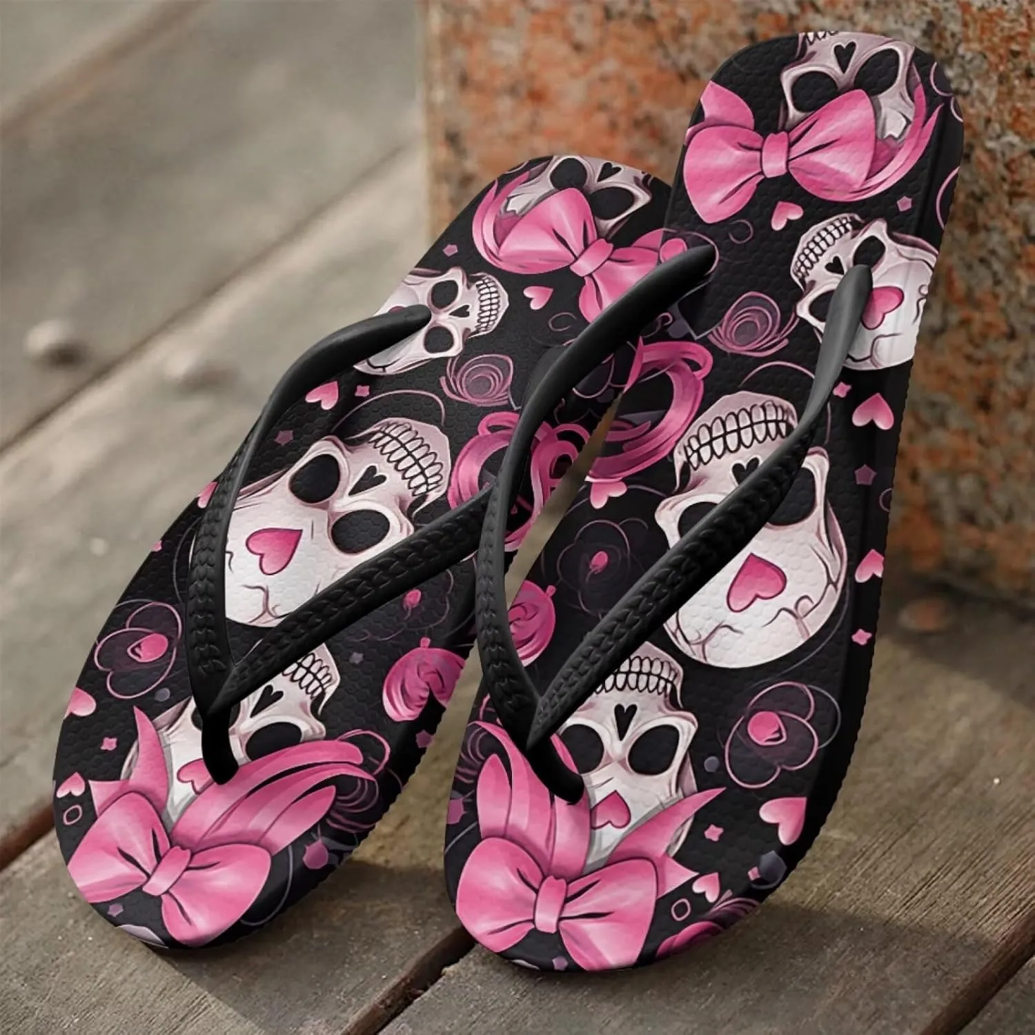 Womens Skull Flip Flops Flat Sandals Comfortable Thong Slippers Non-Slip Bathroom Shower Shoes