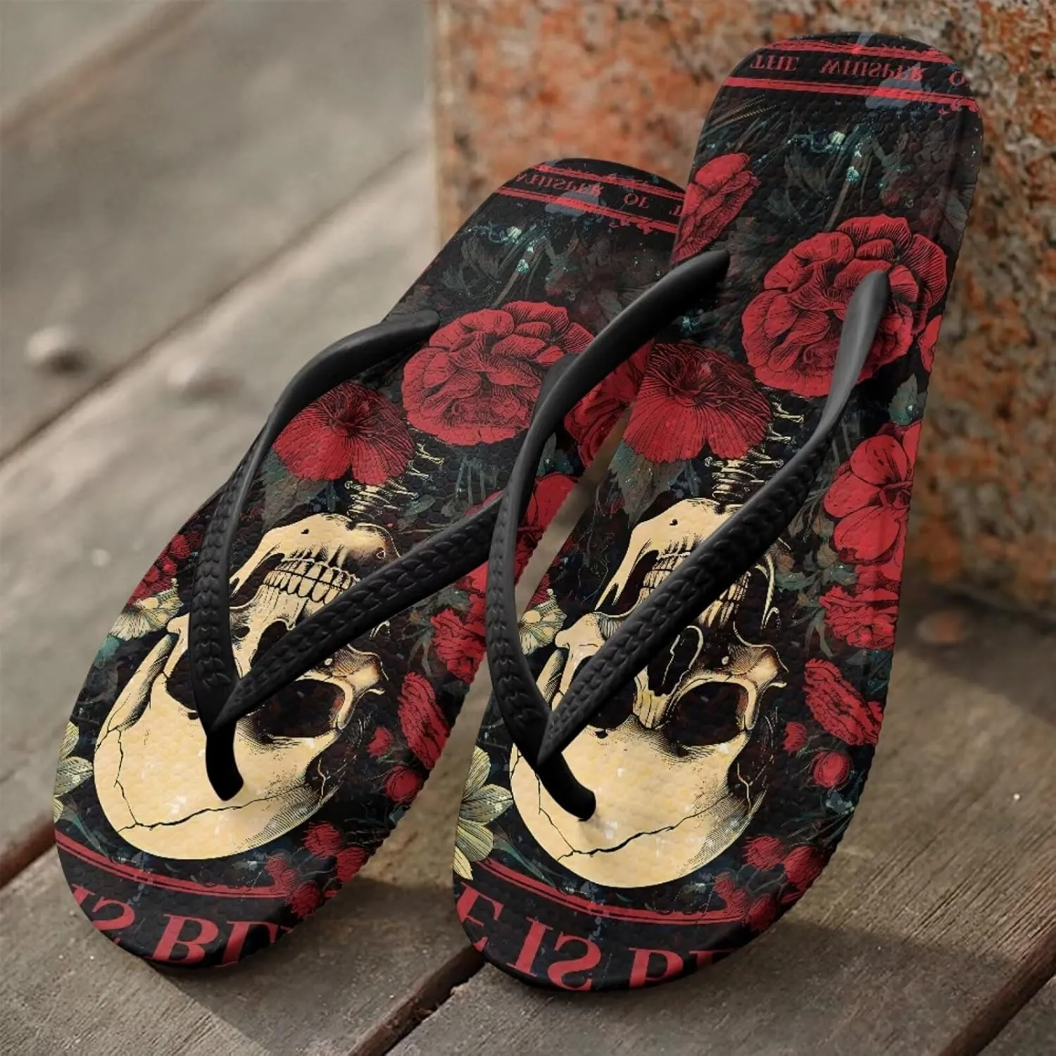 Womens Skull Flip Flops Flat Sandals Comfortable Thong Slippers Non-Slip Bathroom Shower Shoes