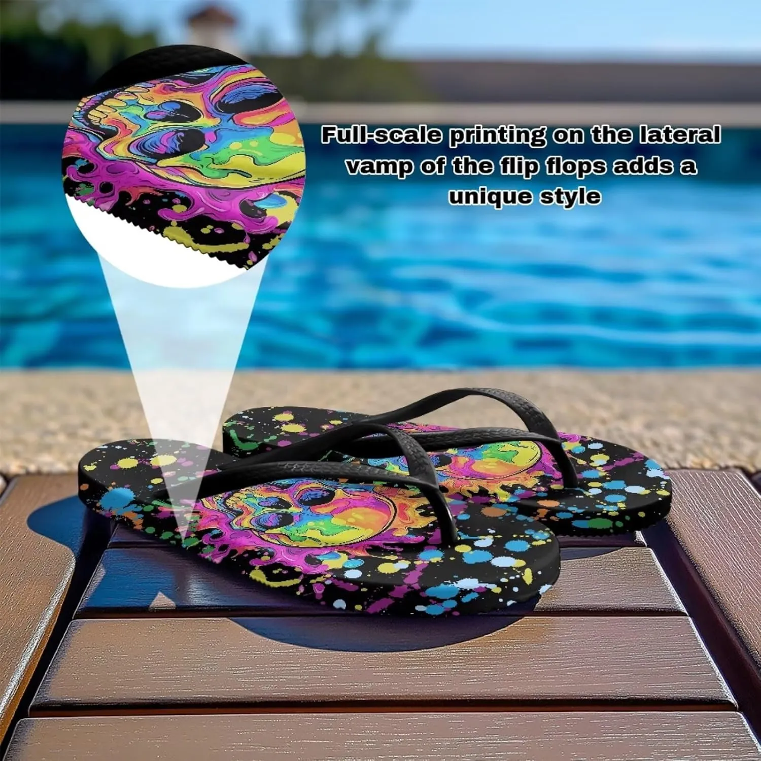 Womens Skull Flip Flops Flat Sandals Comfortable Thong Slippers Non-Slip Bathroom Shower Shoes