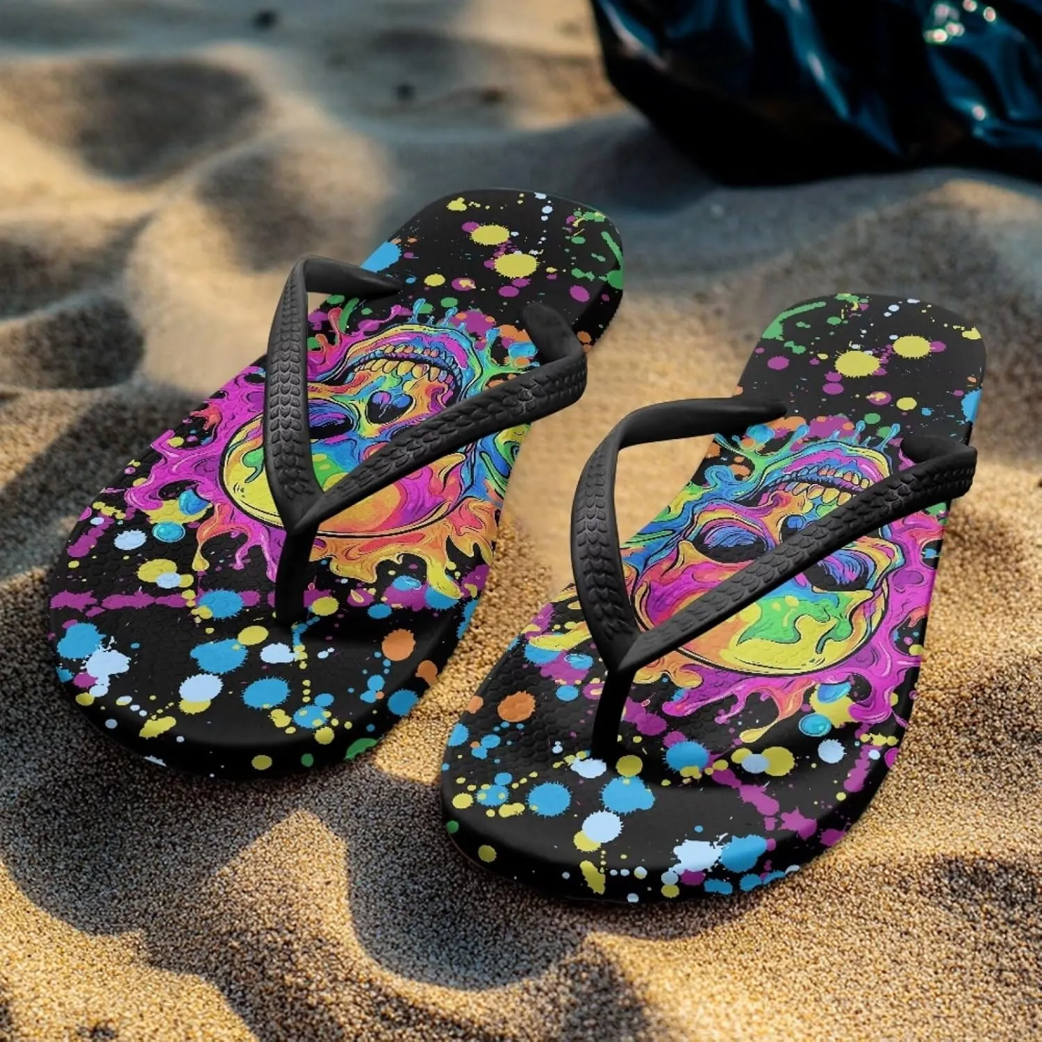 Womens Skull Flip Flops Flat Sandals Comfortable Thong Slippers Non-Slip Bathroom Shower Shoes