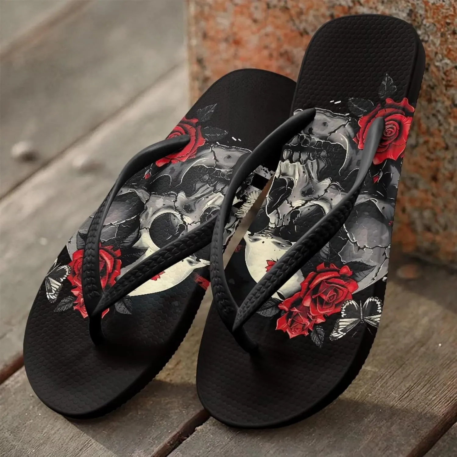 Womens Skull Flip Flops Flat Sandals Comfortable Thong Slippers Non-Slip Bathroom Shower Shoes