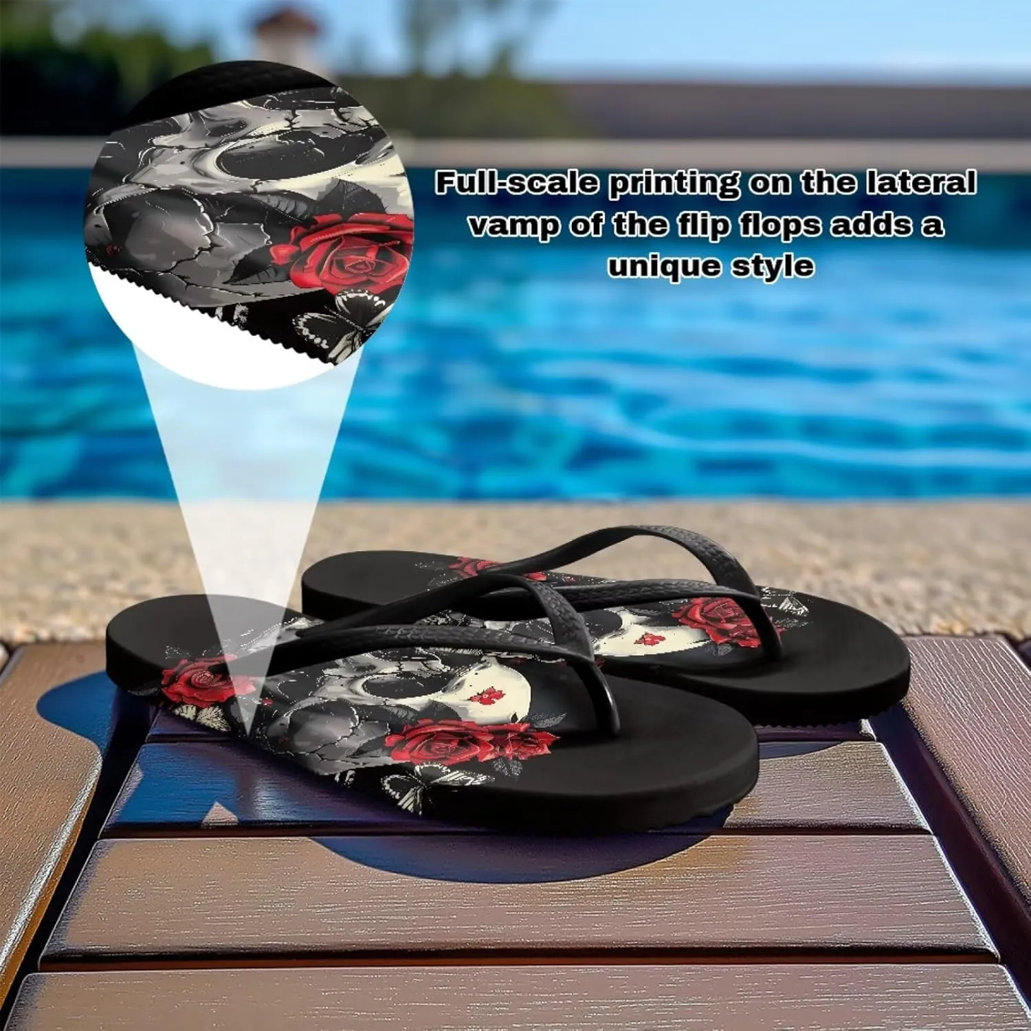 Womens Skull Flip Flops Flat Sandals Comfortable Thong Slippers Non-Slip Bathroom Shower Shoes