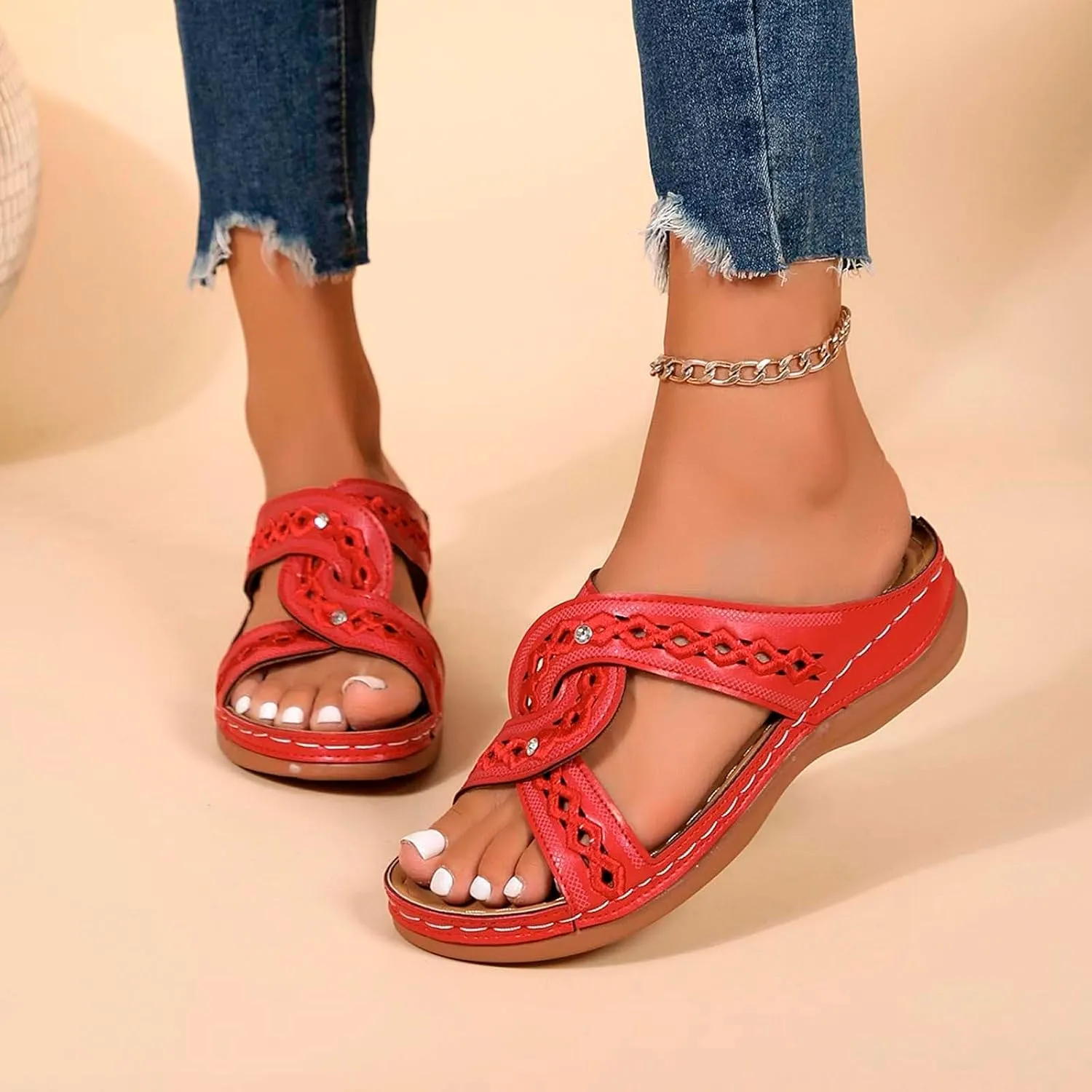 Women's Summer Slippers Embroidered Toe Design Wedge Heel Casual Comfortable Beach Sandals For Daily Wear