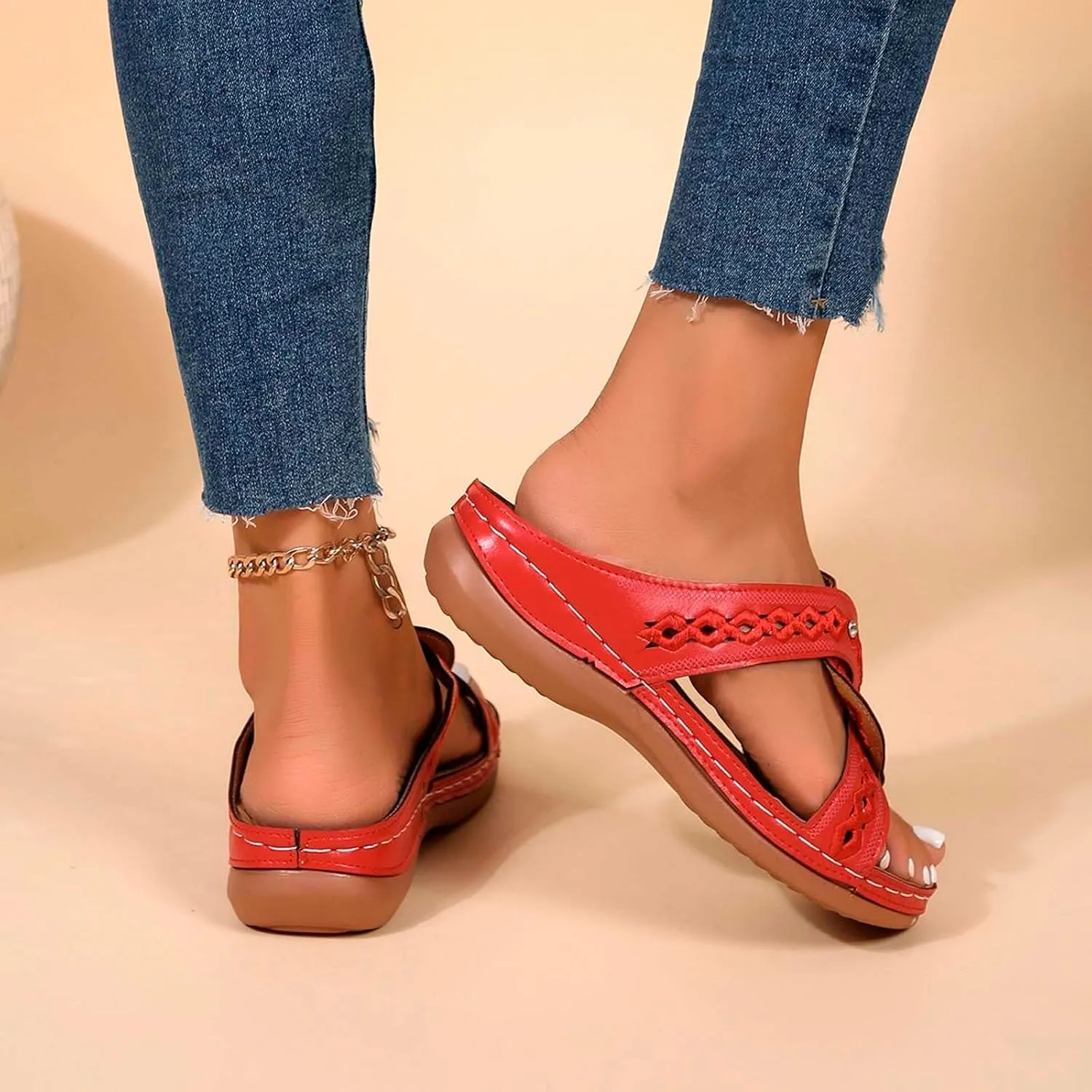 Women's Summer Slippers Embroidered Toe Design Wedge Heel Casual Comfortable Beach Sandals For Daily Wear
