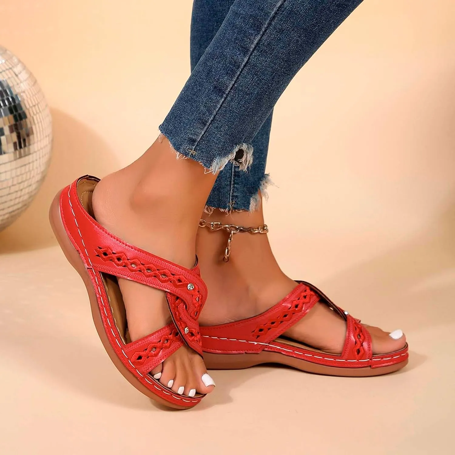 Women's Summer Slippers Embroidered Toe Design Wedge Heel Casual Comfortable Beach Sandals For Daily Wear
