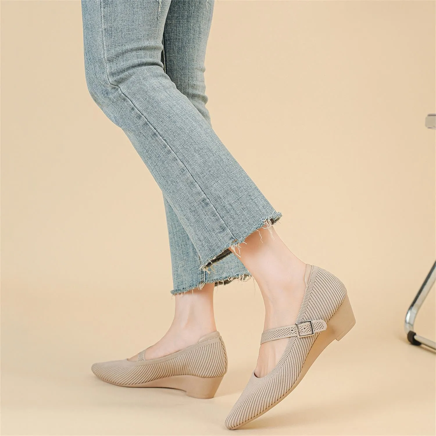 Women's Wedge Block Heel Pumps Ladies Breathable Weave Casual Shoes Buckle Strap Mary Janes