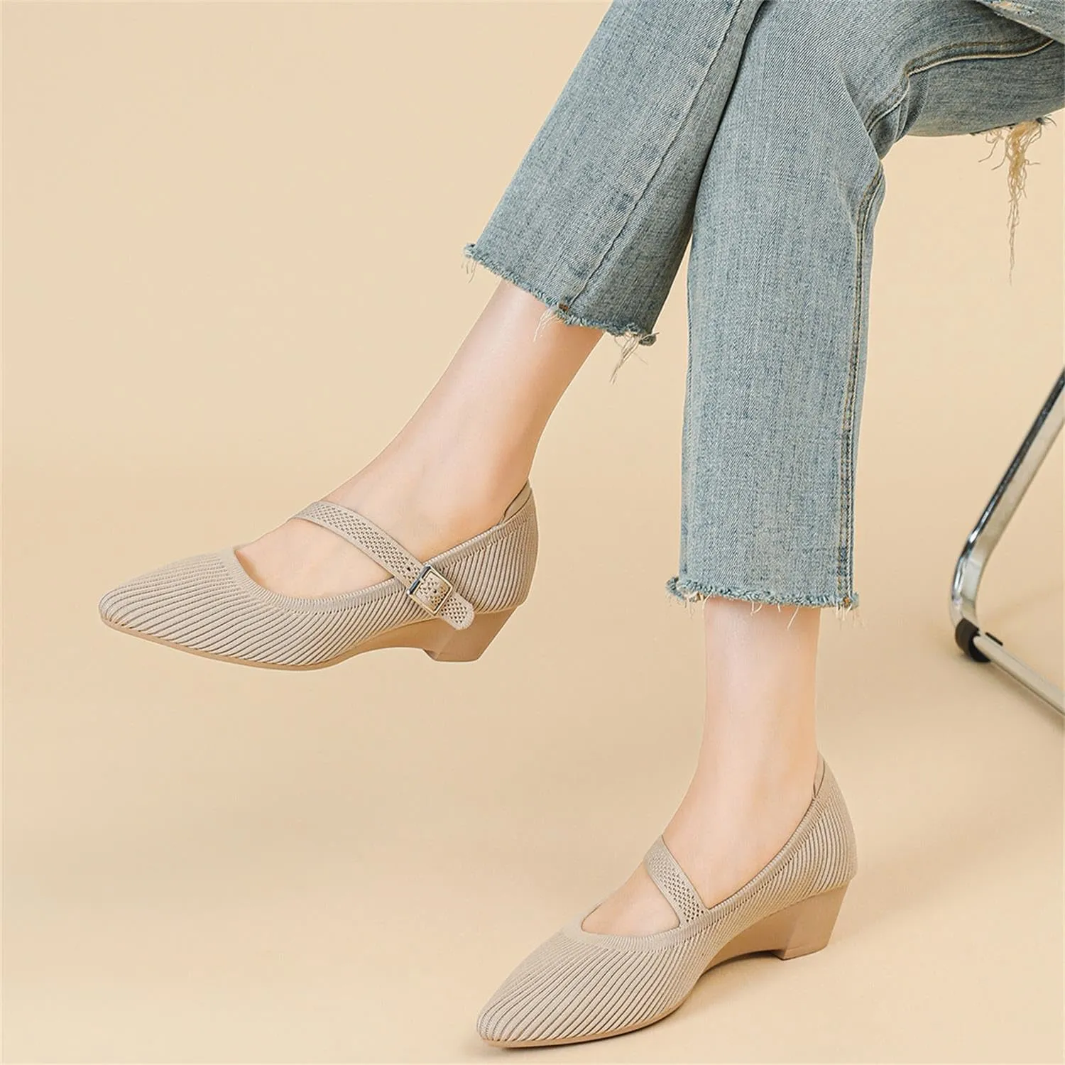 Women's Wedge Block Heel Pumps Ladies Breathable Weave Casual Shoes Buckle Strap Mary Janes
