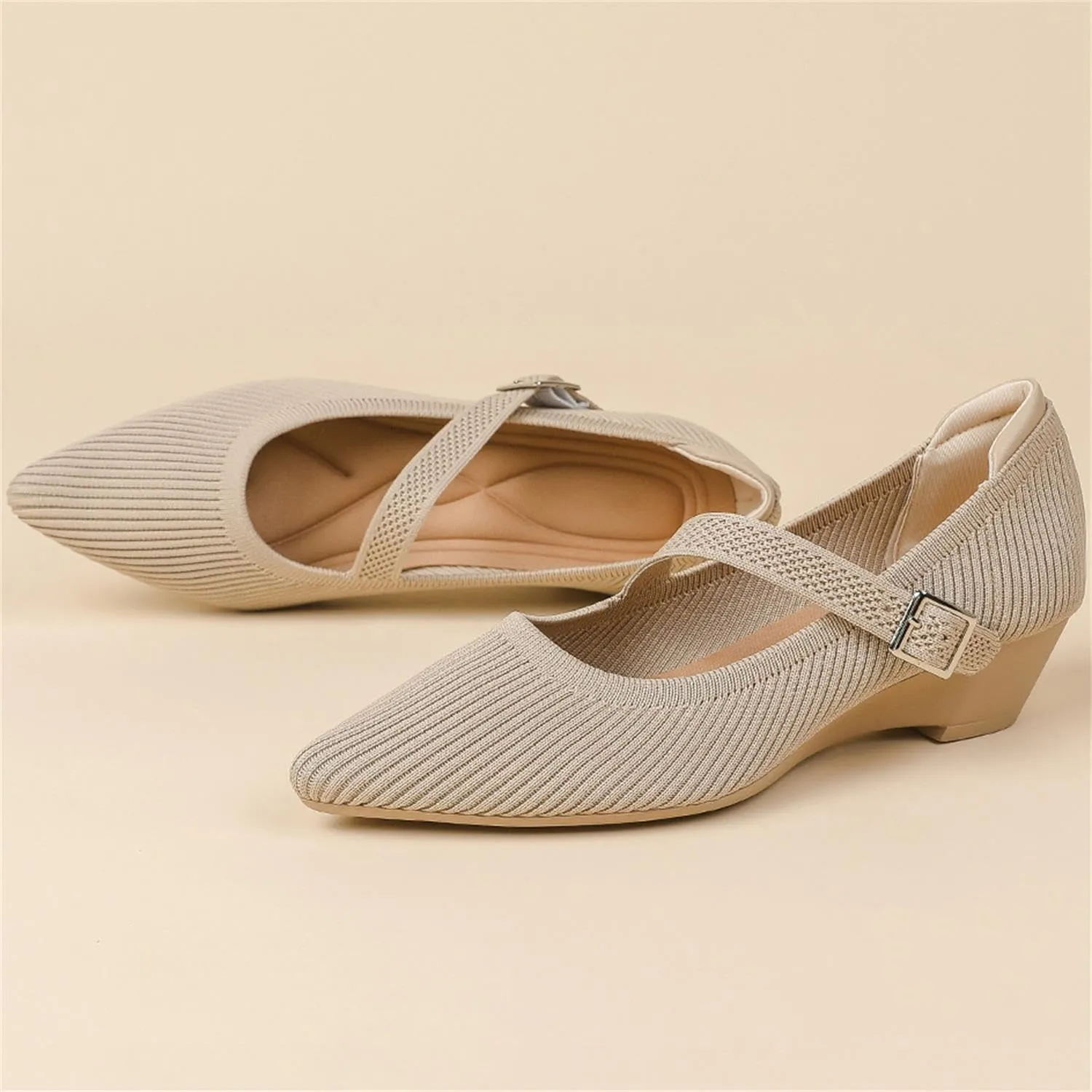 Women's Wedge Block Heel Pumps Ladies Breathable Weave Casual Shoes Buckle Strap Mary Janes